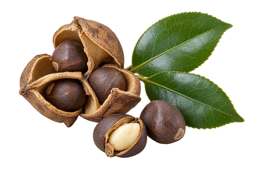 Camellia japonica seed pods, seeds and a split kernel illustrating the seed extract source