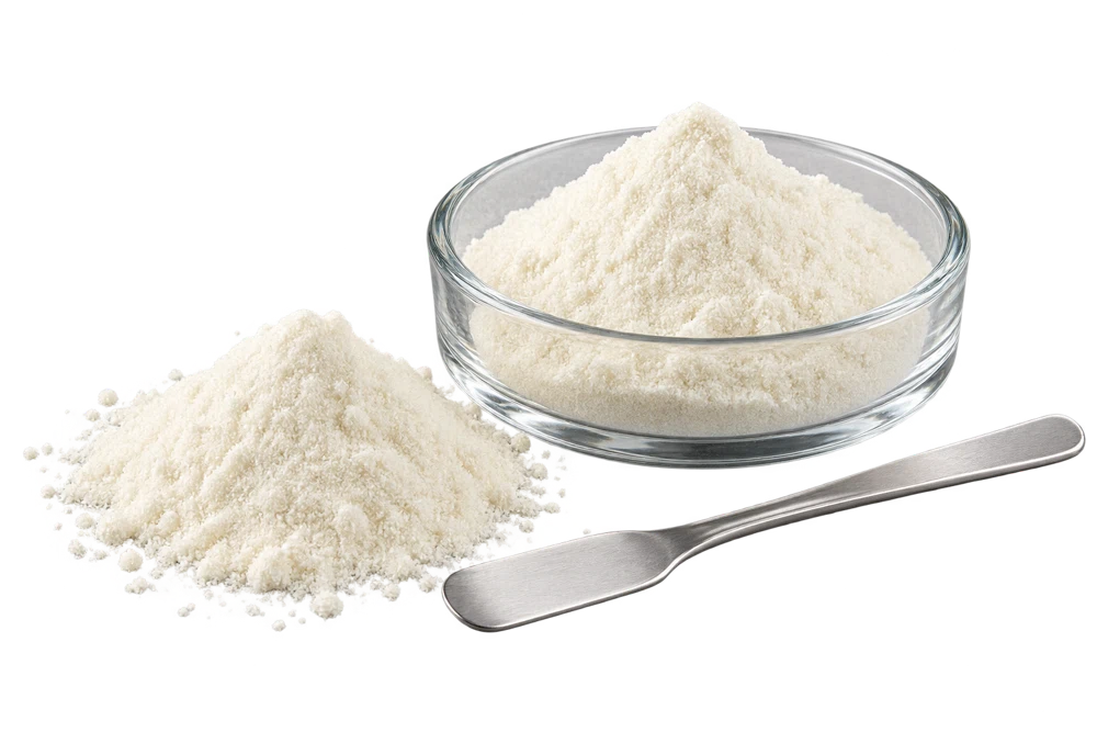Illustrative fish collagen peptide powder in laboratory glassware