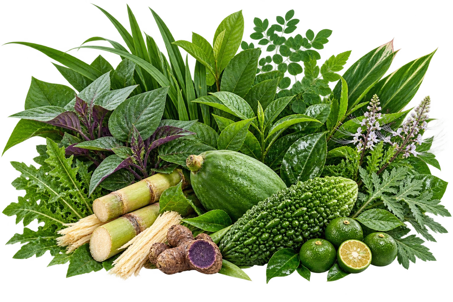 An abundant Okinawan botanical composition with goya, green papaya, shikuwasa, sugarcane and a fan of varied leafy greens