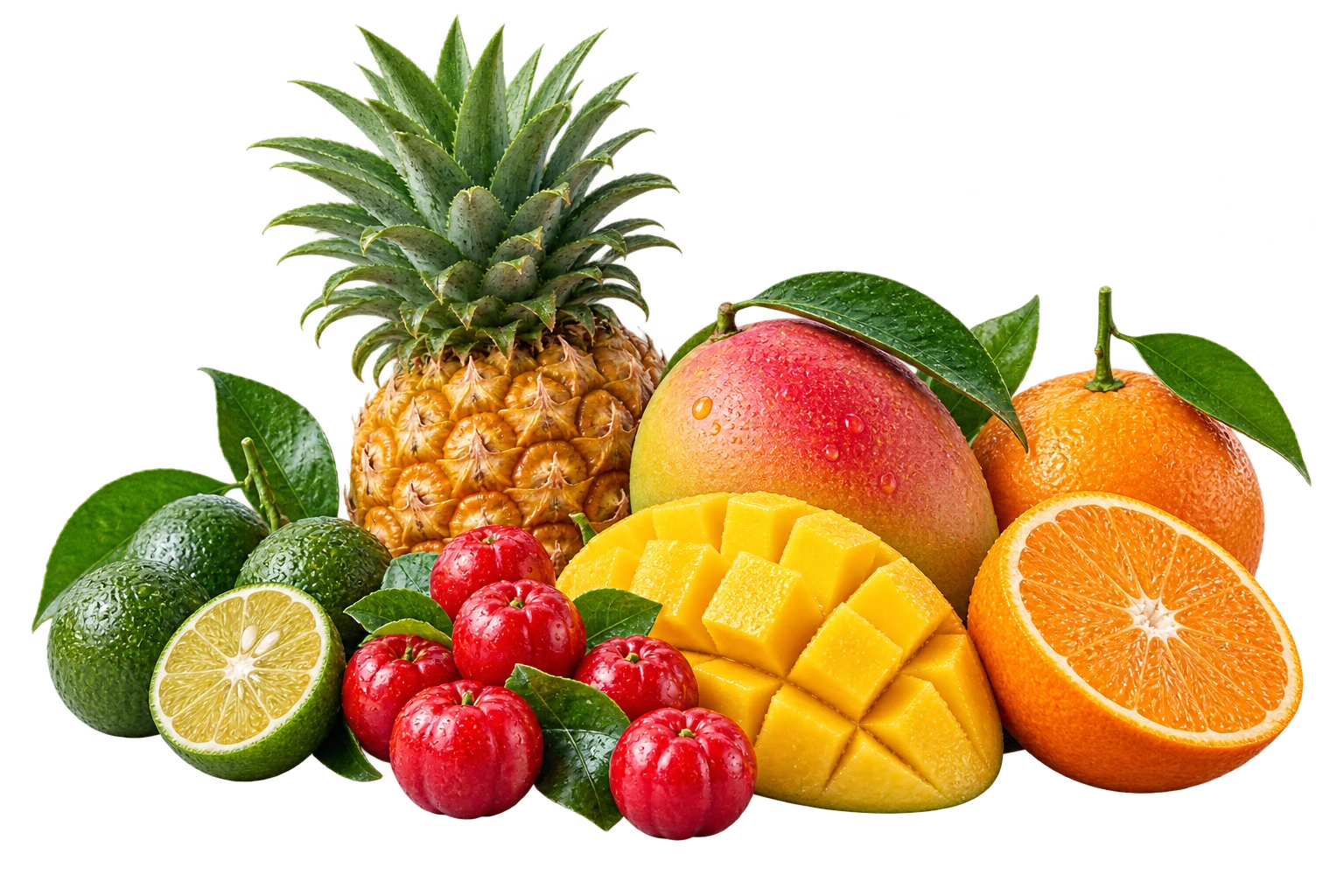 An abundant five-fruit composition with pineapple, mango, acerola, shikuwasa and tankan