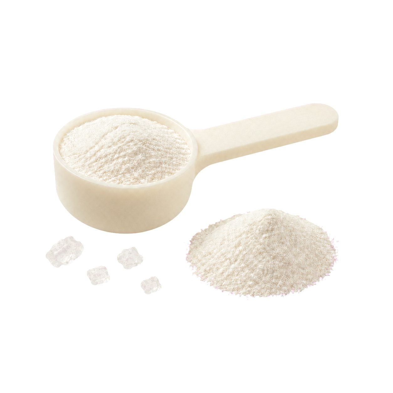 White amino acid powder and crystalline granules representing the Champion amino matrix