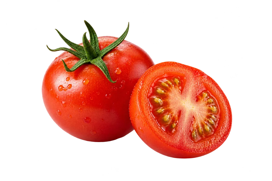 Fresh tomatoes and a tomato half, illustrating the food rather than an exact portion