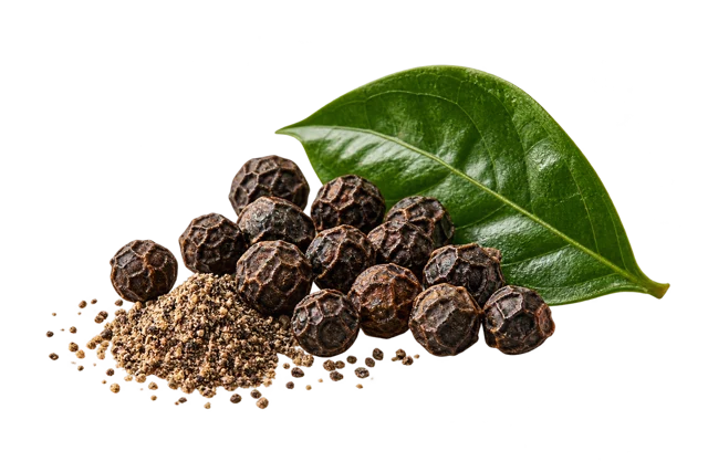 Black peppercorns, ground pepper and a leaf; the pictured amount is illustrative