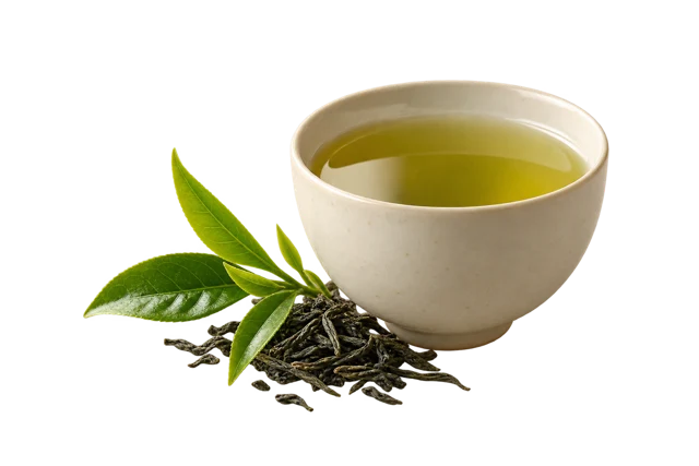 A Japanese cup of green tea with fresh and dried tea leaves