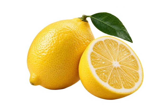 A lemon and a lemon half, illustrating the food comparison rather than its portion size