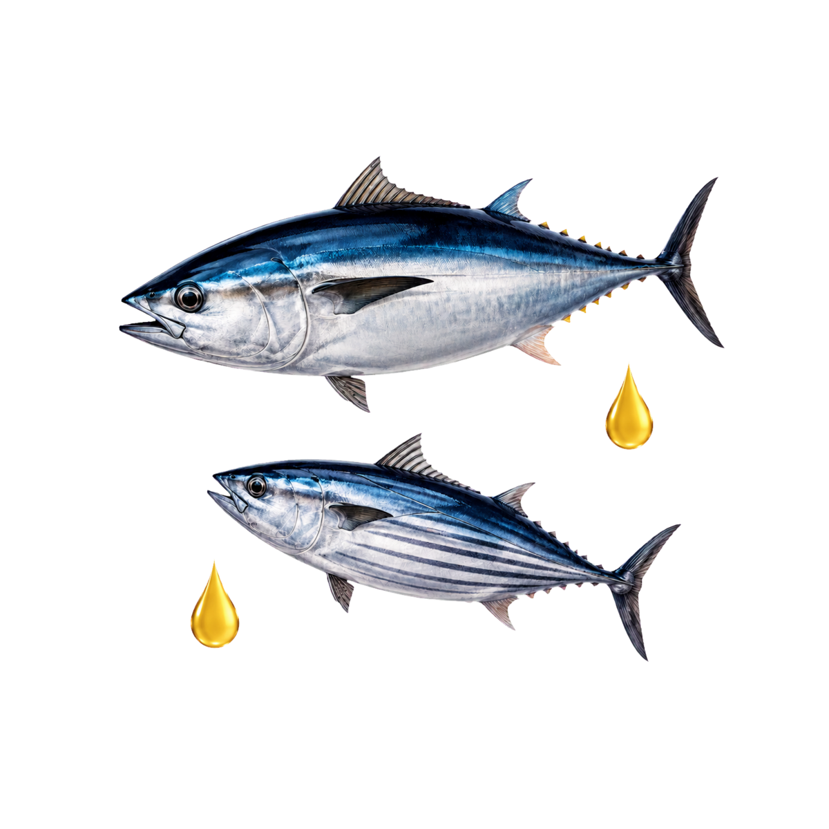 Premium isolated illustration of bonito and tuna with golden fish-oil droplets